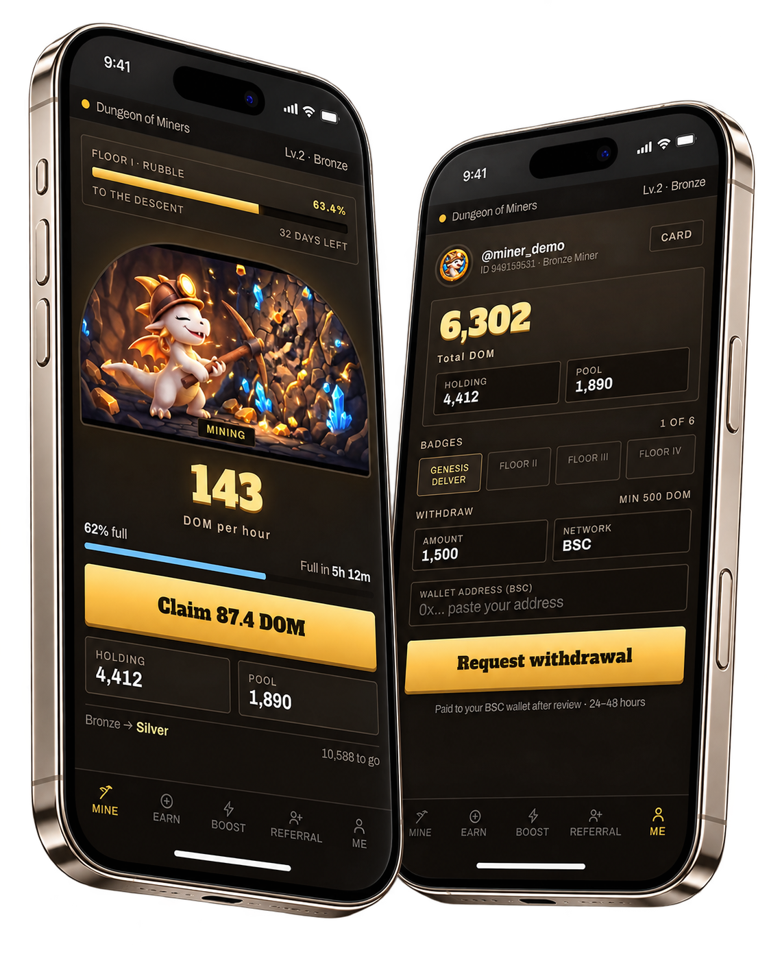 Dungeon of Miners Telegram Mini App screens — Mine and Me tabs